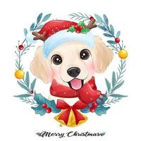 lindo perrito doodle para navidad con ilustración de acuarela vector