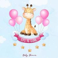 Cute baby giraffe sitting in the cloud with watercolor illustration vector