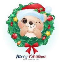 Cute doodle bear for christmas day with watercolor illustration vector