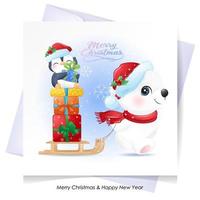 lindo doodle oso polar y pingüino para navidad con ilustración de acuarela vector