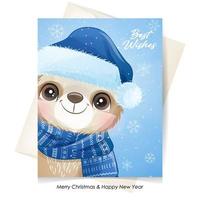 Cute doodle sloth for christmas with watercolor illustration