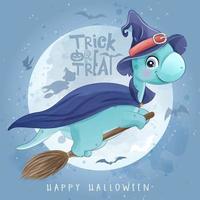 Cute doodle dinosaur for halloween day with watercolor illustration vector