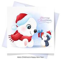 Cute doodle bear and penguin for christmas with watercolor illustration vector