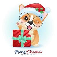 lindo corgi doodle para el día de navidad con ilustración de acuarela vector