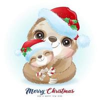 Cute doodle sloth for christmas day with watercolor illustration vector