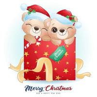 Cute doodle bear for christmas day with watercolor illustration vector