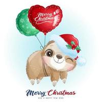 Cute doodle sloth for christmas day with watercolor illustration vector