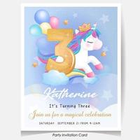 ejemplo lindo de la tarjeta de la invitación de la fiesta de cumpleaños del unicornio del garabato vector