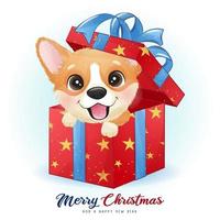 lindo corgi doodle para el día de navidad con ilustración de acuarela vector