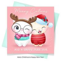 Cute doodle kitty for christmas day with watercolor illustration vector