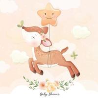 Cute doodle deer with floral illustration vector