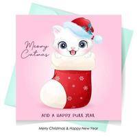 Cute doodle kitty for christmas day with watercolor illustration vector