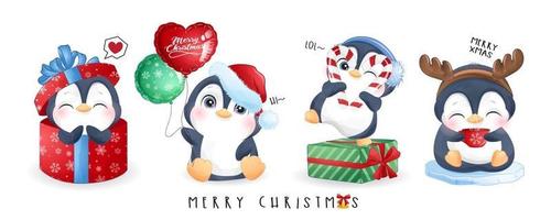 Cute doodle penguins set for christmas day with watercolor illustration vector