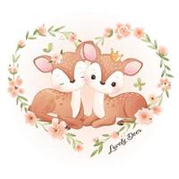 Cute doodle deer with floral illustration vector