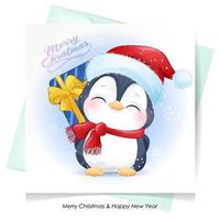 lindo pingüino doodle para navidad con ilustración acuarela vector