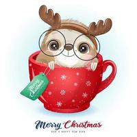 Cute doodle sloth for christmas day with watercolor illustration vector