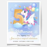 Cute doodle unicorn birthday party invitation card illustration vector