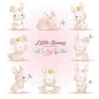 Cute doodle bunny poses with floral illustration vector