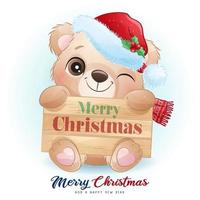 Cute doodle bear for christmas day with watercolor illustration vector