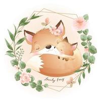 Cute doodle foxy with floral illustration vector