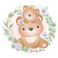 Cute doodle bear with floral illustration vector