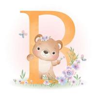 Cute doodle bear with floral illustration vector