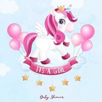 lindo unicornio doodle con ilustración acuarela vector