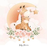 Cute doodle giraffe with floral illustration vector