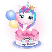 lindo unicornio doodle para cumpleaños con ilustración de acuarela vector