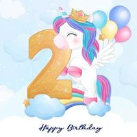 lindo unicornio doodle con ilustración de numeración vector