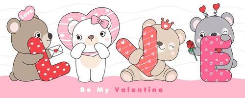 Cute doodle bears for valentines day vector