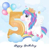 lindo unicornio doodle con ilustración de numeración vector