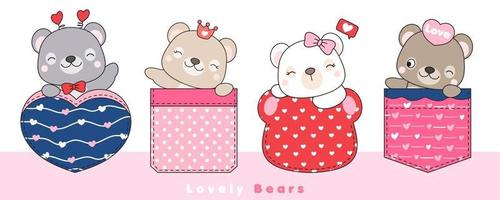 Cute doodle bears sitting inside the pocket for valentines day vector