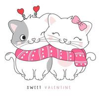 linda pareja doodle gatito para la ilustración del día de san valentín vector