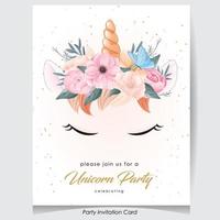 Cute doodle unicorn with flower invitation card