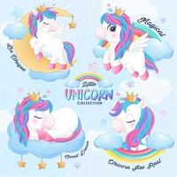 lindo doodle unicornio con ilustración de acuarela vector