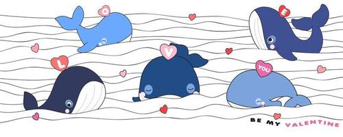 ballena linda del doodle para la ilustración del día de san valentín vector