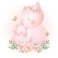 Cute doodle piggy with floral illustration vector