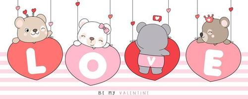 lindo oso doodle para la ilustración del día de san valentín vector