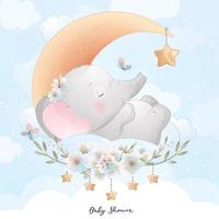 Cute doodle elephant with floral illustration vector