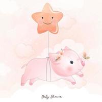 Cute doodle piggy with floral illustration vector