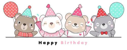 lindo doodle osos feliz cumpleaños ilustración vector