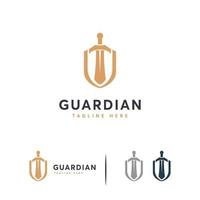 Diseño de logotipo de escudo elegante vector de concepto, símbolo de guardián, plantilla de logotipo de escudo y espada