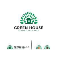 Green House logo designs concept vector, House logo with leaf designs vector