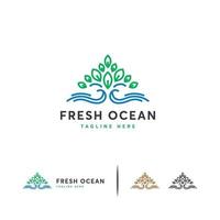 vector de concepto de diseños de logotipo de océano fresco, plantilla de logotipo de hoja y ola