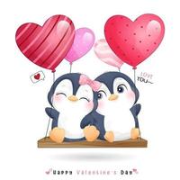 lindo pingüino doodle para el día de san valentín vector