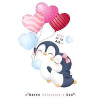 Cute doodle penguin for valentines day vector