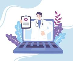 online diagnosis banner with doctor and laptop vector