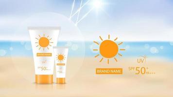 Sunblock product design mockup on beach background, cosmetic advertisement design, vector illustration