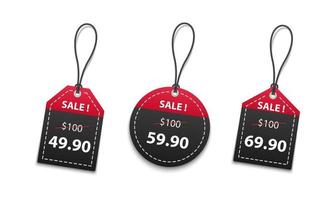 3D red and black paper price tags sale isolated on white background, vector illustration